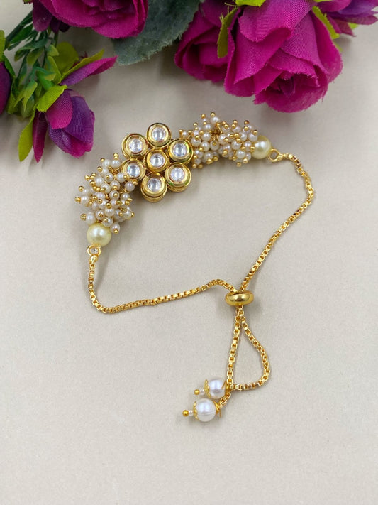 Traditional Adjustable Kundan And Pearls Chain Bracelet For Ladies Bracelets