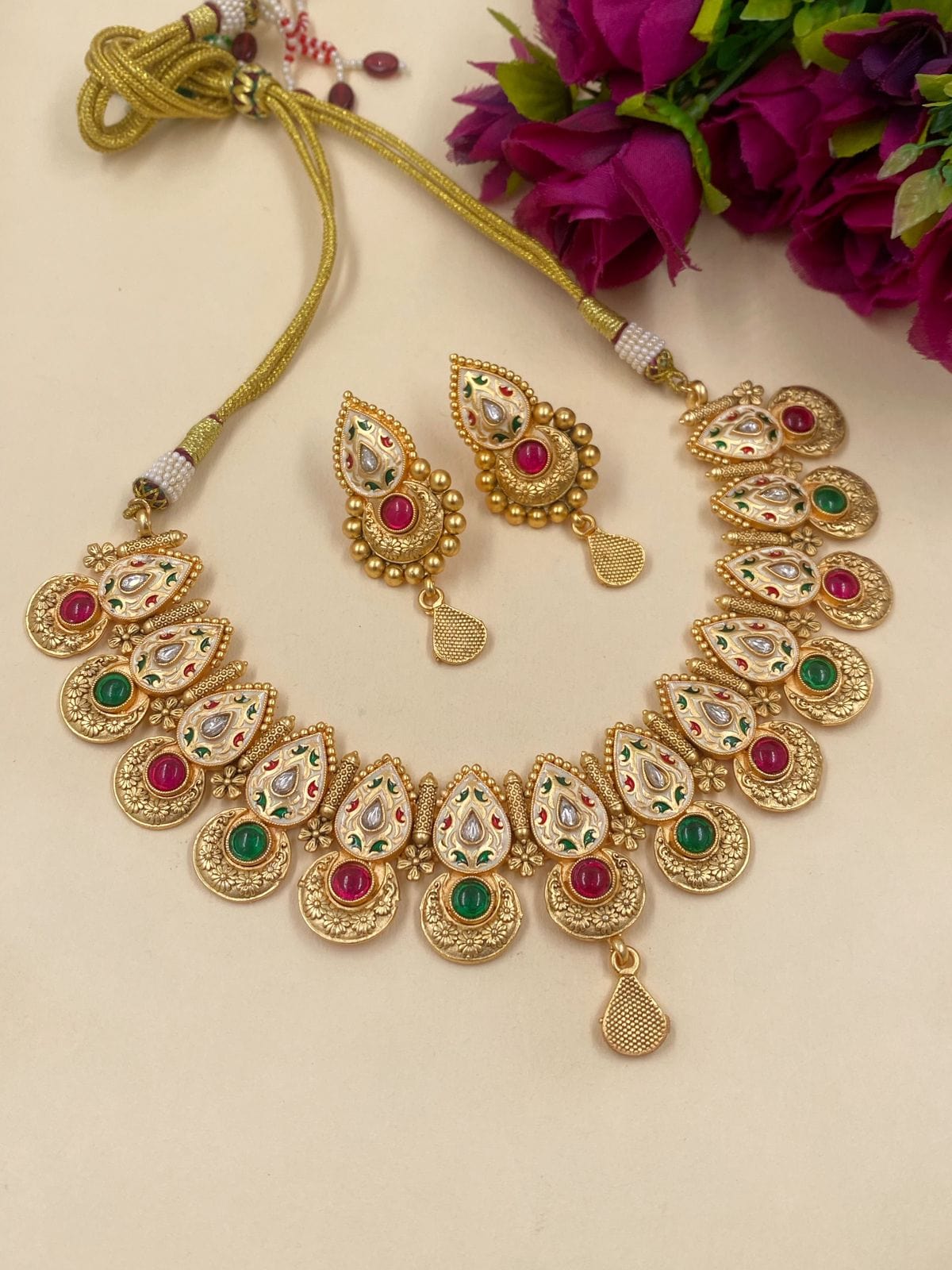 Traditional Antique Gold Meenakari Necklace For Women By Gehn Shop Meenakari Necklace Sets