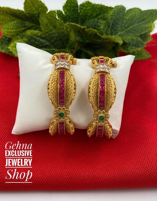 Traditional Antique Gold Plated Ruby Stone AD Bangles By Shop Gehna Antique Golden Bangles