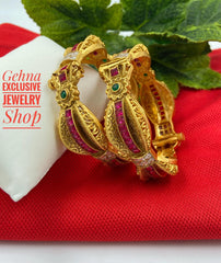 Traditional Antique Gold Plated Ruby Stone AD Bangles By Shop Gehna Antique Golden Bangles