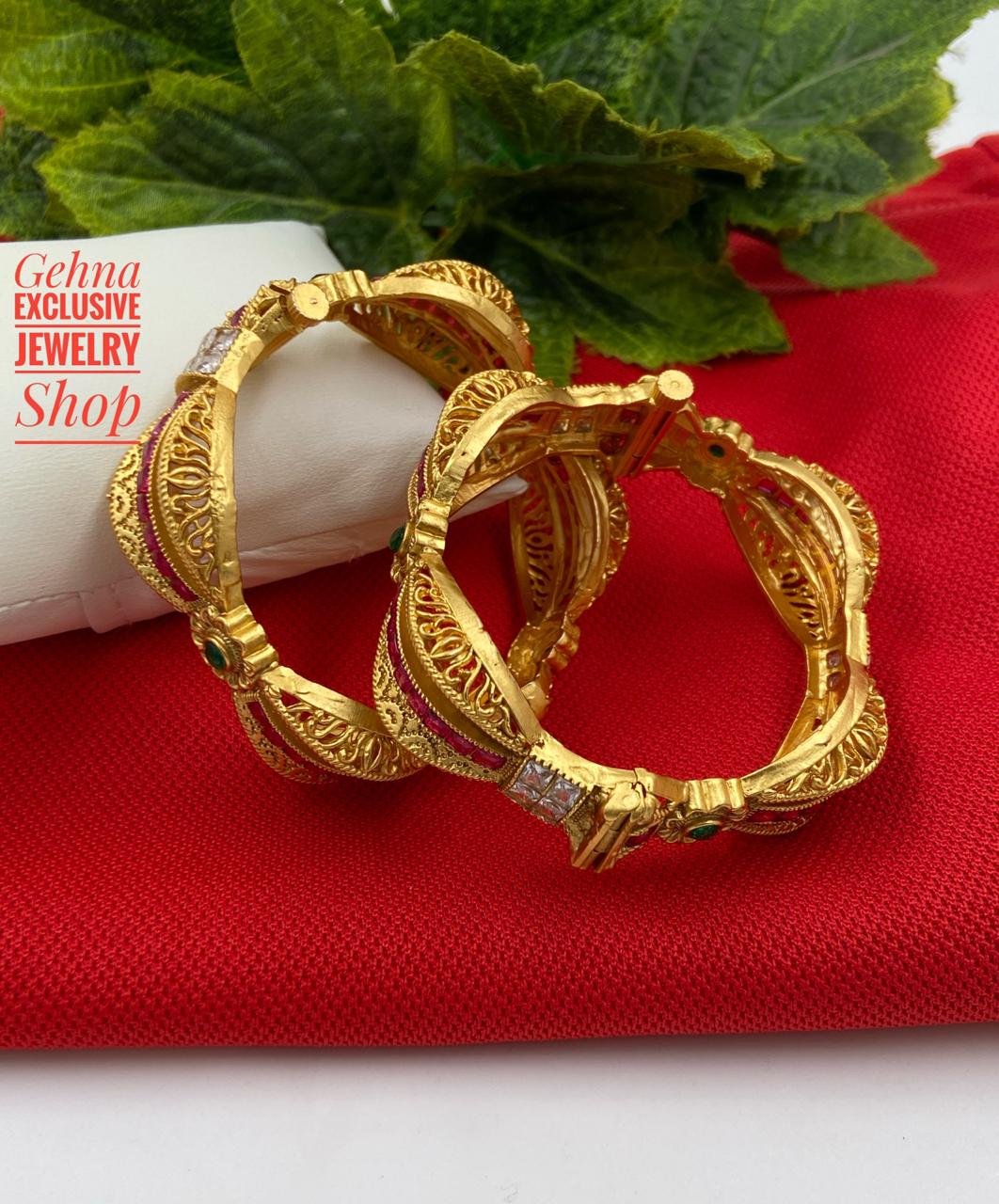 Traditional Antique Gold Plated Ruby Stone AD Bangles By Shop Gehna Antique Golden Bangles