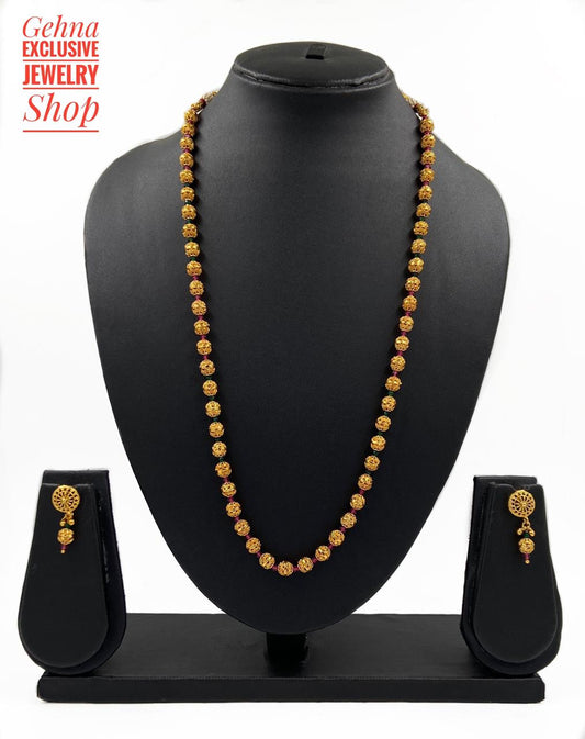 Traditional Antique Gold Toned Single Strand Golden Beads Matar Mala Necklace (Multi Color) Beads Jewellery