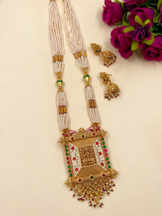 Traditional Antique Golden Long Lakshmi Temple Necklace Set By Gehna Shop Temple Necklace Sets