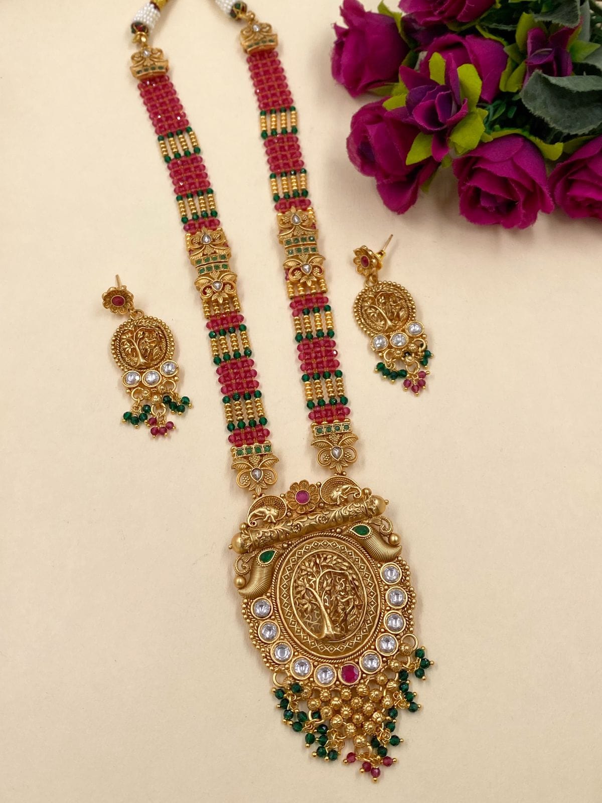 Traditional Antique Golden Long Pendant Necklace Set By Gehna Shop Antique Golden Necklace Sets