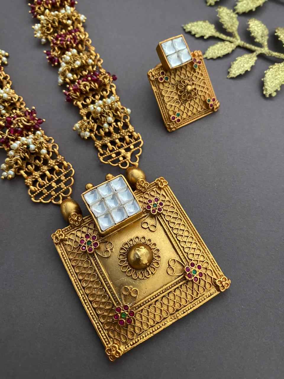 Traditional Antique Golden Pendant Necklace Set For Ladies By Gehna Shop