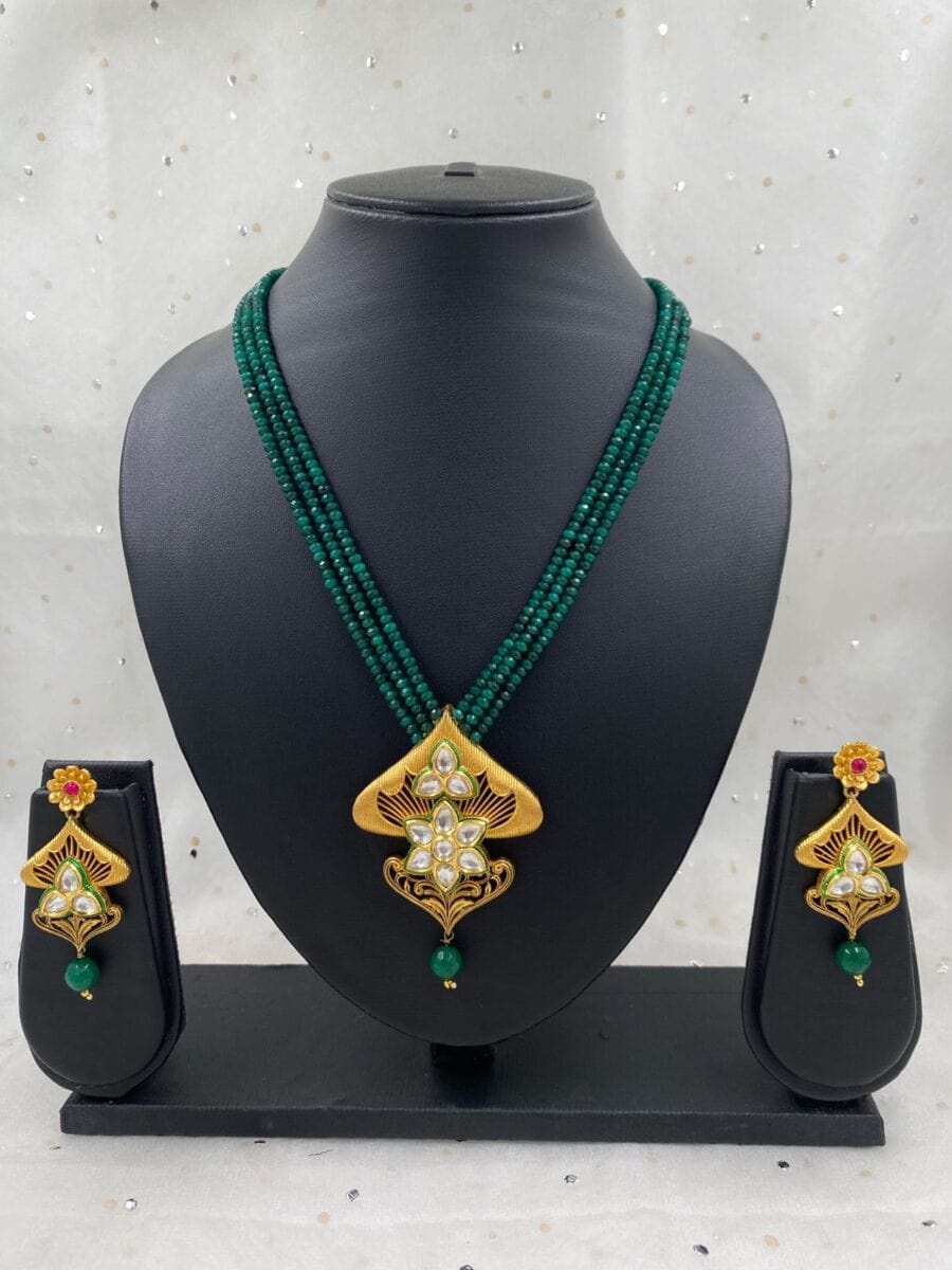Traditional Antique Golden Pendant With Green Beads By Gehna Shop Antique Golden Necklace Sets