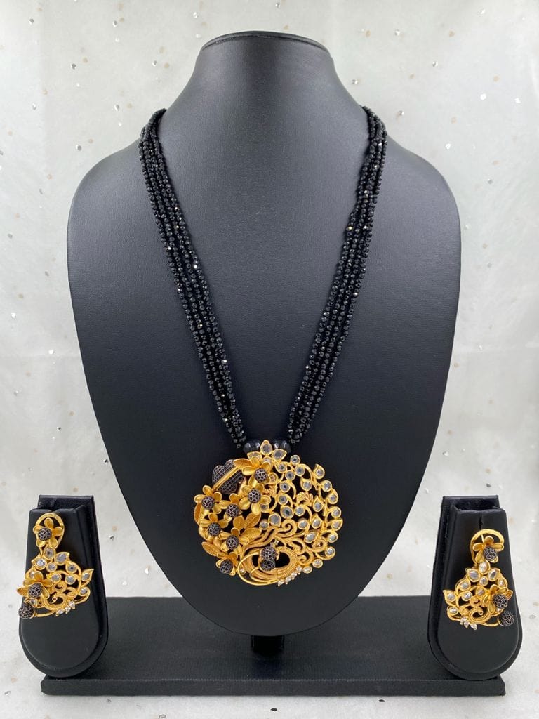 Traditional Designer Gold Plated Antique Pendant With Black Beads Necklace Set For Woman Victorian Necklace Sets