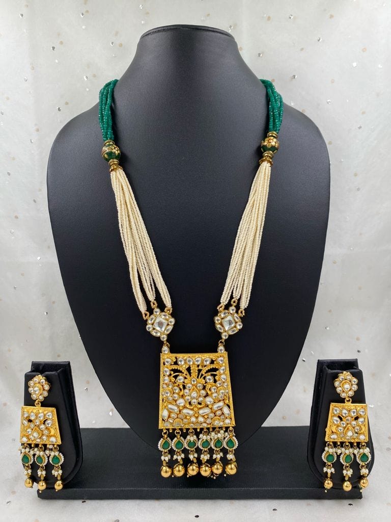 Traditional Designer Gold Plated Polki Kundan Pendant With Beads Necklace Set For Woman Kundan Necklace Sets