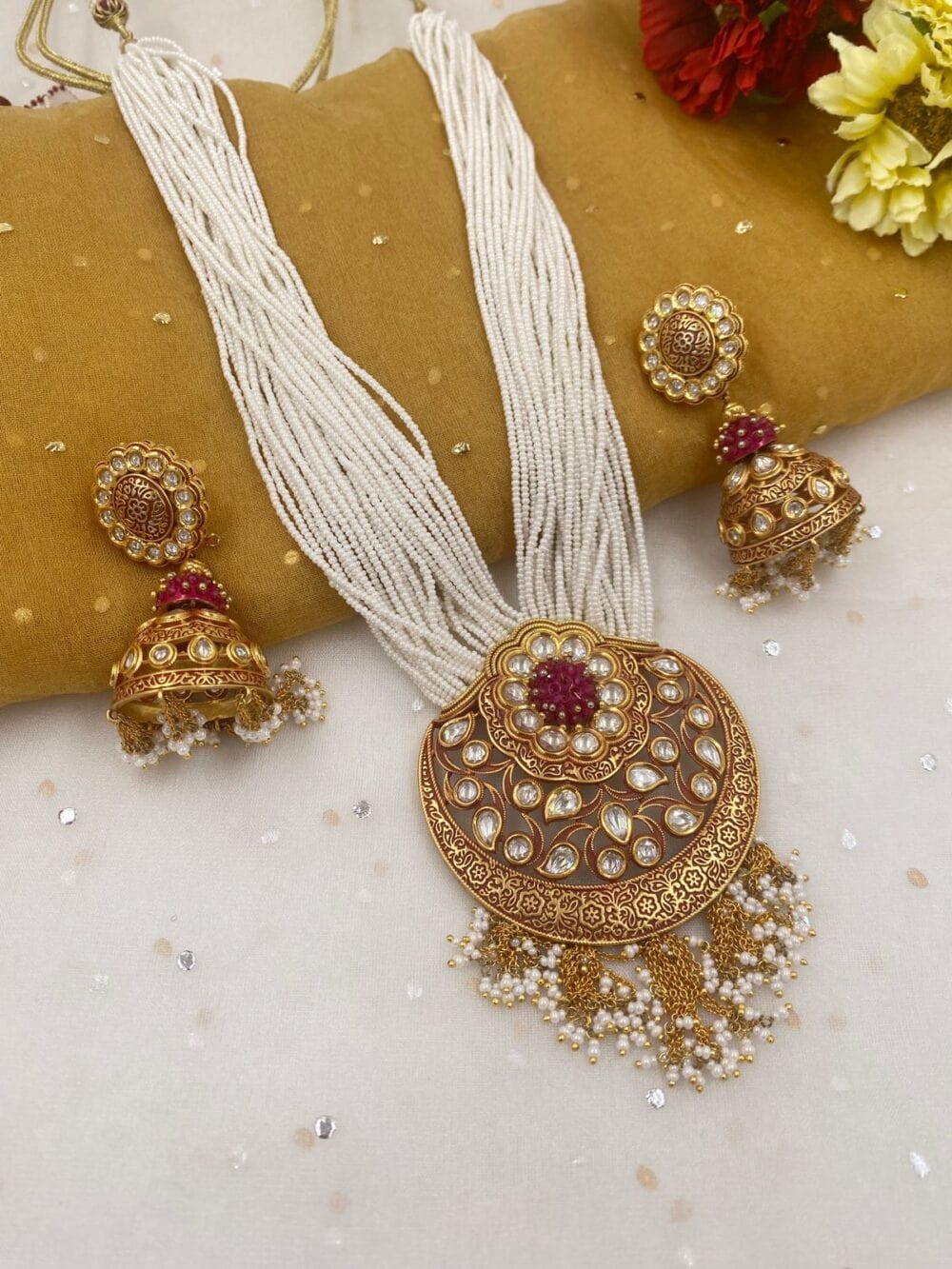 Traditional Designer Wedding Geru Polish Kundan Pendant With Pearls Necklace Set For Woman Kundan Necklace Sets