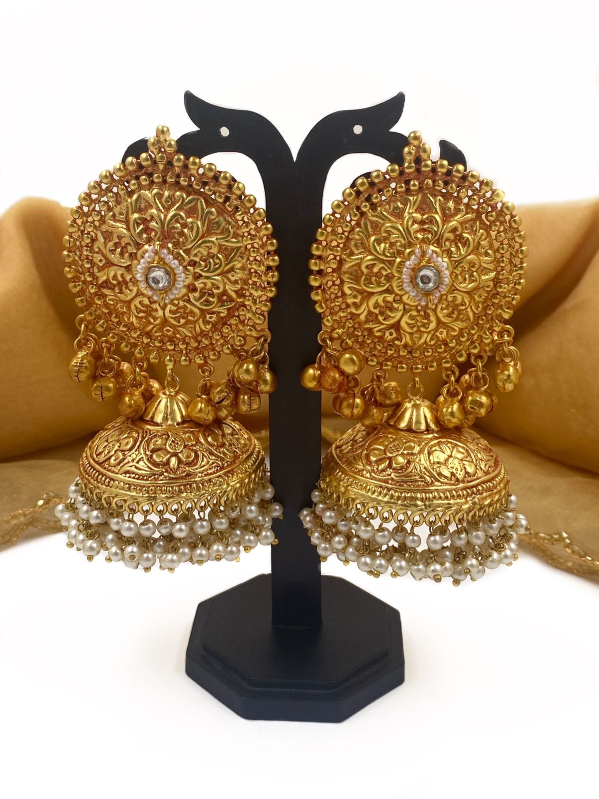 Traditional Gheru Polish Big Jhumka Golden Earrings For Weddings By Gehna shop Jhumka earrings