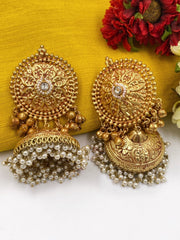 Traditional Gheru Polish Big Jhumka Golden Earrings For Weddings By Gehna shop Jhumka earrings