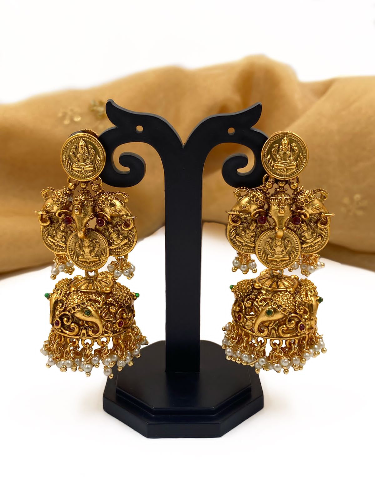 Traditional Goddess Lakshmi Coin And Elephant Design Temple Earrings For Weddings By Gehna Shop Jhumka earrings