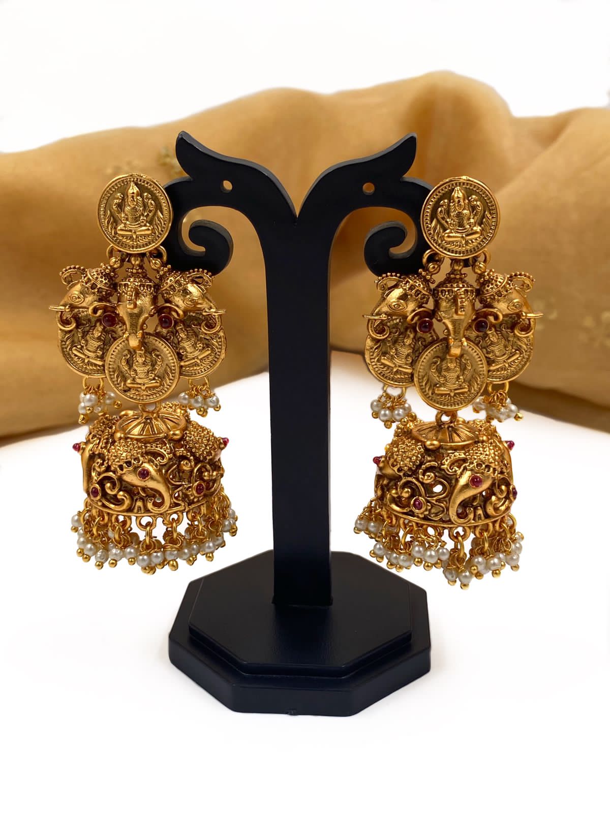 Traditional Goddess Lakshmi Coin And Elephant Design Temple Earrings For Weddings By Gehna Shop Jhumka earrings