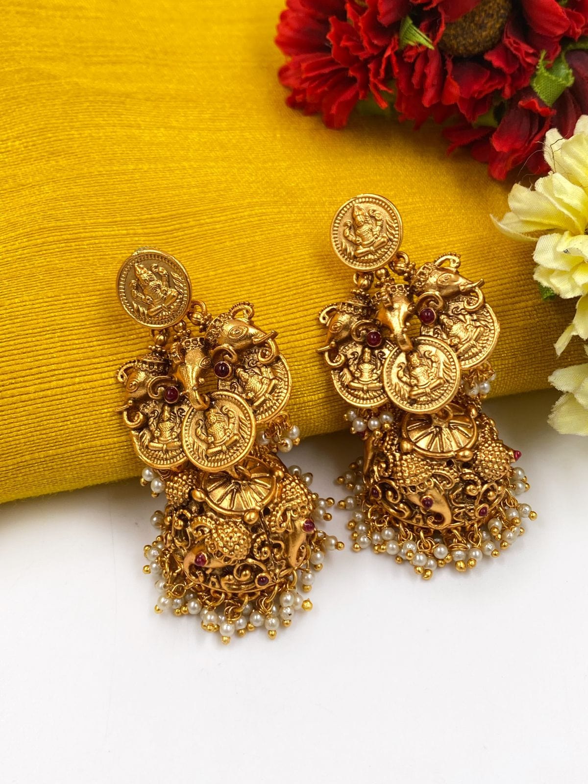 Traditional Goddess Lakshmi Coin And Elephant Design Temple Earrings For Weddings By Gehna Shop Jhumka earrings