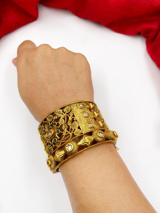 Traditional Gold Plated Antique Golden Broad Bangles Set By Gehna Shop Antique Golden Bangles