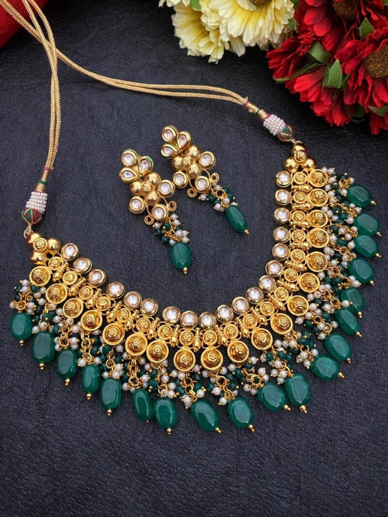 Gehna Shops Designer Gold Plated Green Kundan Bridal Necklace Set