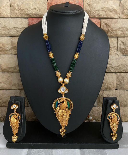 Traditional Gold Plated Antique Peacock Pendant Necklace Set By Gehna Shop Antique Golden Necklace Sets