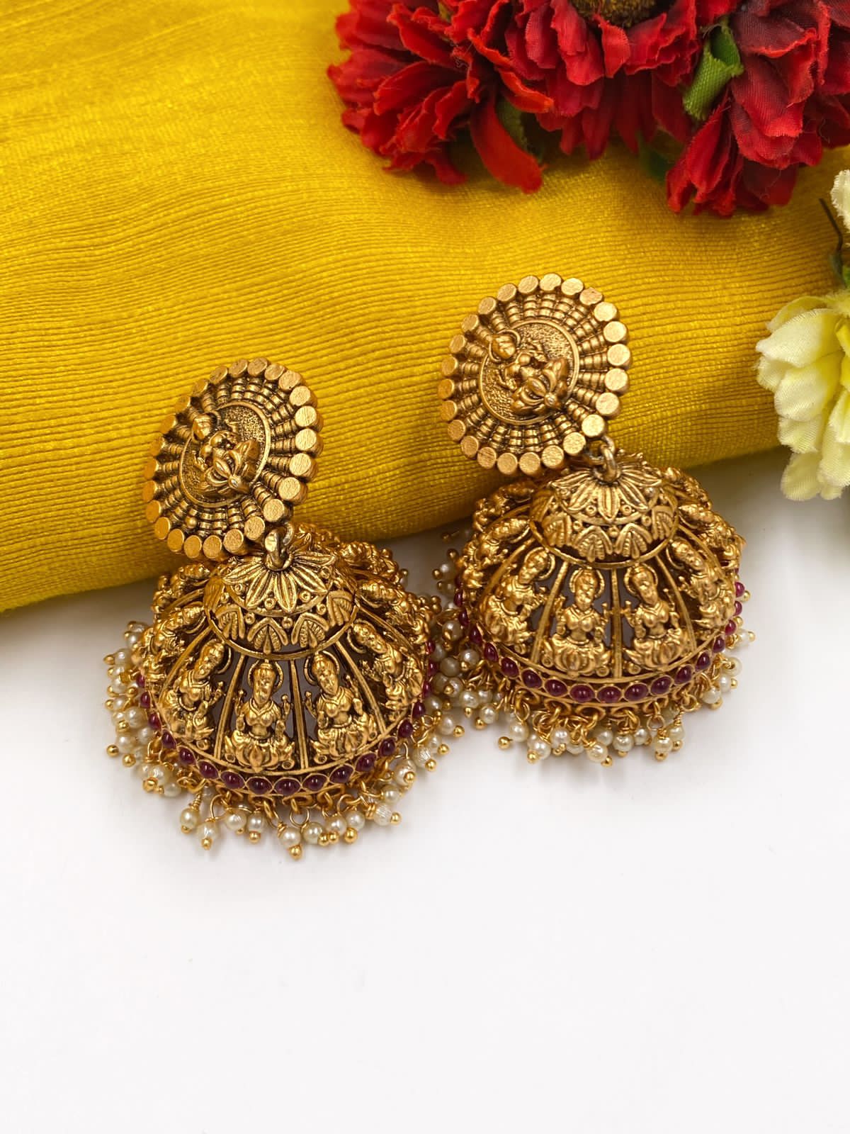 Traditional Gold Plated Goddess Golden Lakshmi Jhumka For Women By Gehna Shop Jhumka earrings