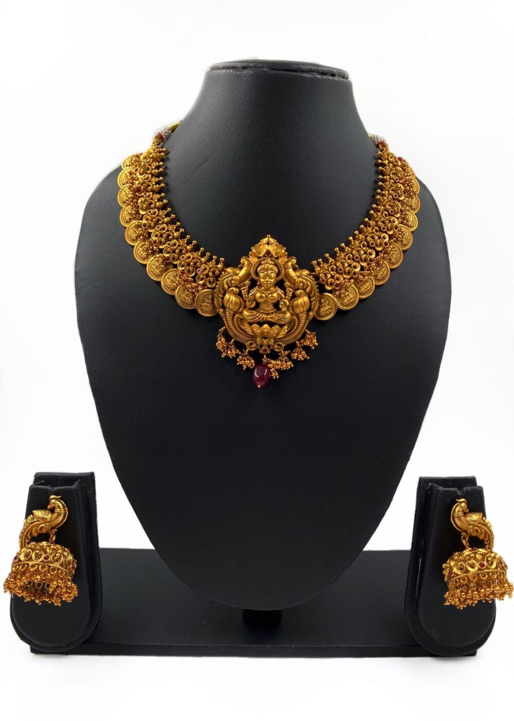 Traditional Gold Plated Goddess Lakshmi Coin Necklace Set For Ladies By Gehna Shop (Red) Temple Necklace Sets