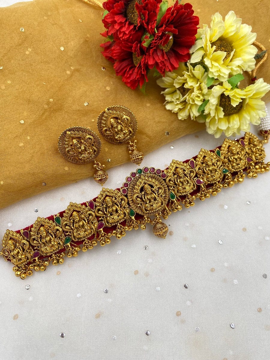 Traditional Gold Plated Goddess Lakshmi Temple Choker Necklace Set Temple Necklace Sets