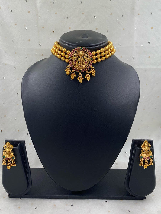 Traditional Gold Plated Goddess Lakshmi Temple Jewellery Choker Necklace Set Temple Necklace Sets