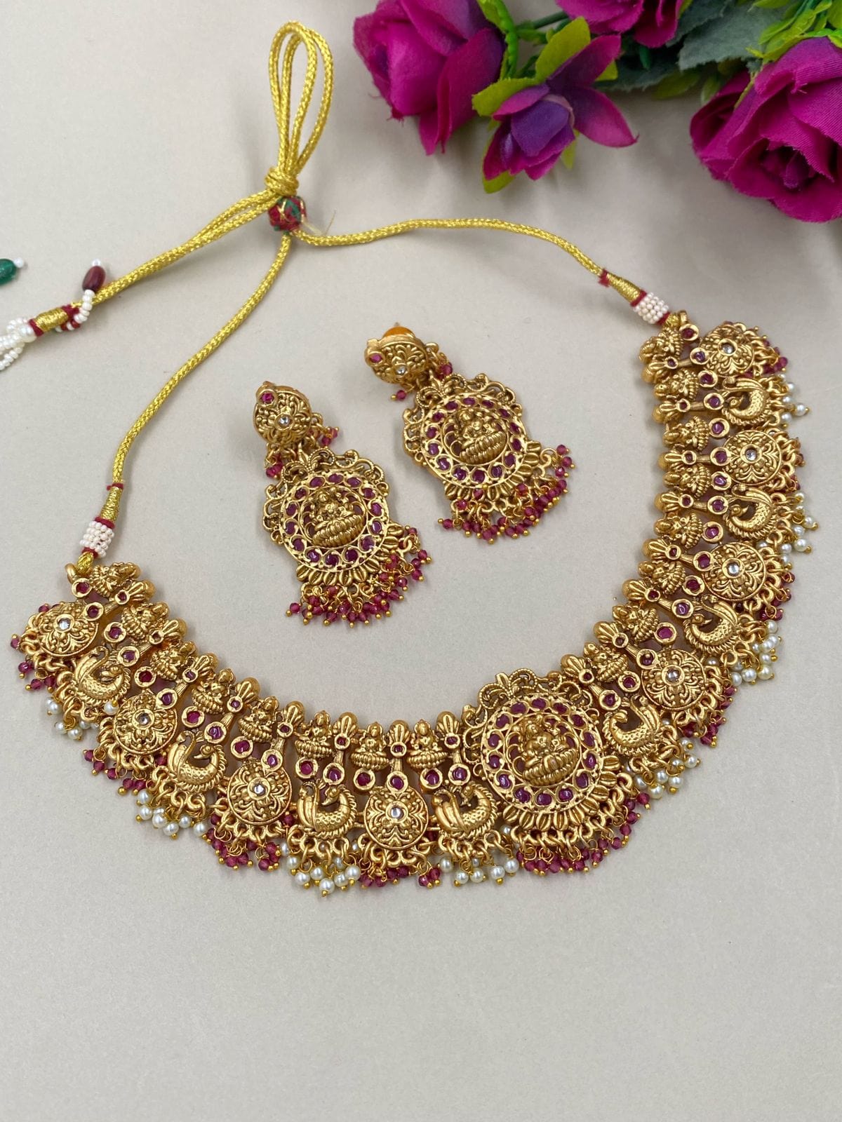 Traditional Gold Plated Goddess Lakshmi Temple Necklace Set For Women Temple Necklace Sets