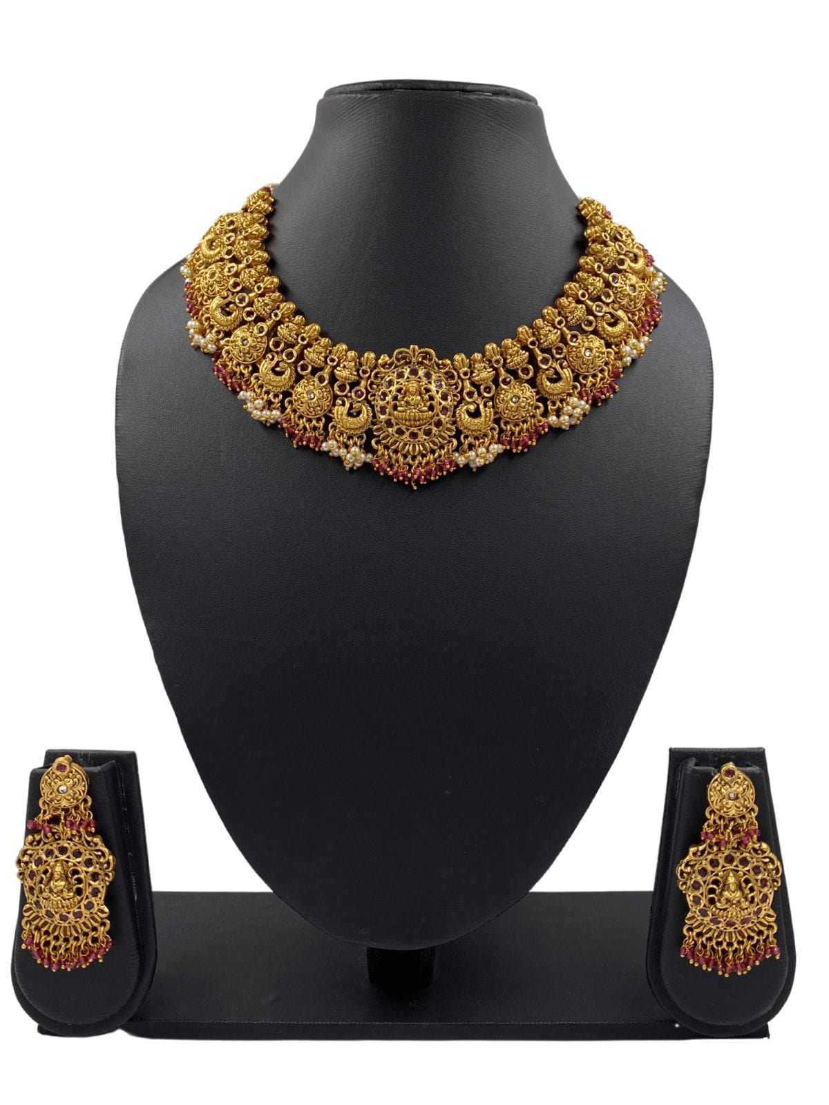 Traditional Gold Plated Goddess Lakshmi Temple Necklace Set For Women Temple Necklace Sets