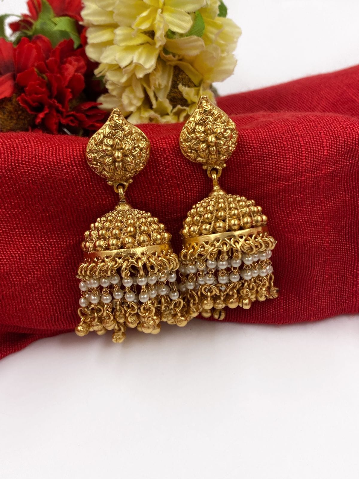 Gold plated jhumka drop earrings – Chaotiq by Arti