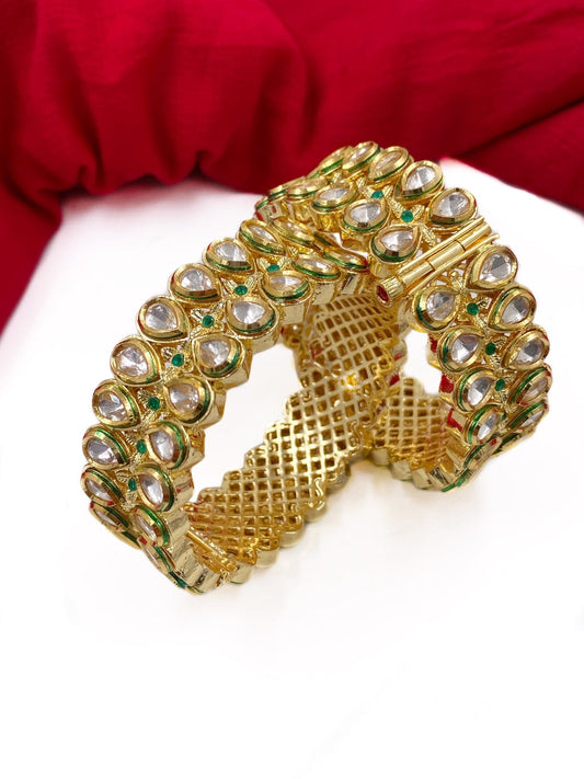 Traditional Gold Plated Green Kundan Bangle Set For Weddings Bangles