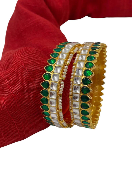 Traditional Gold Plated Green Kundan Jadau Bangles Set For Women Kundan Bangles