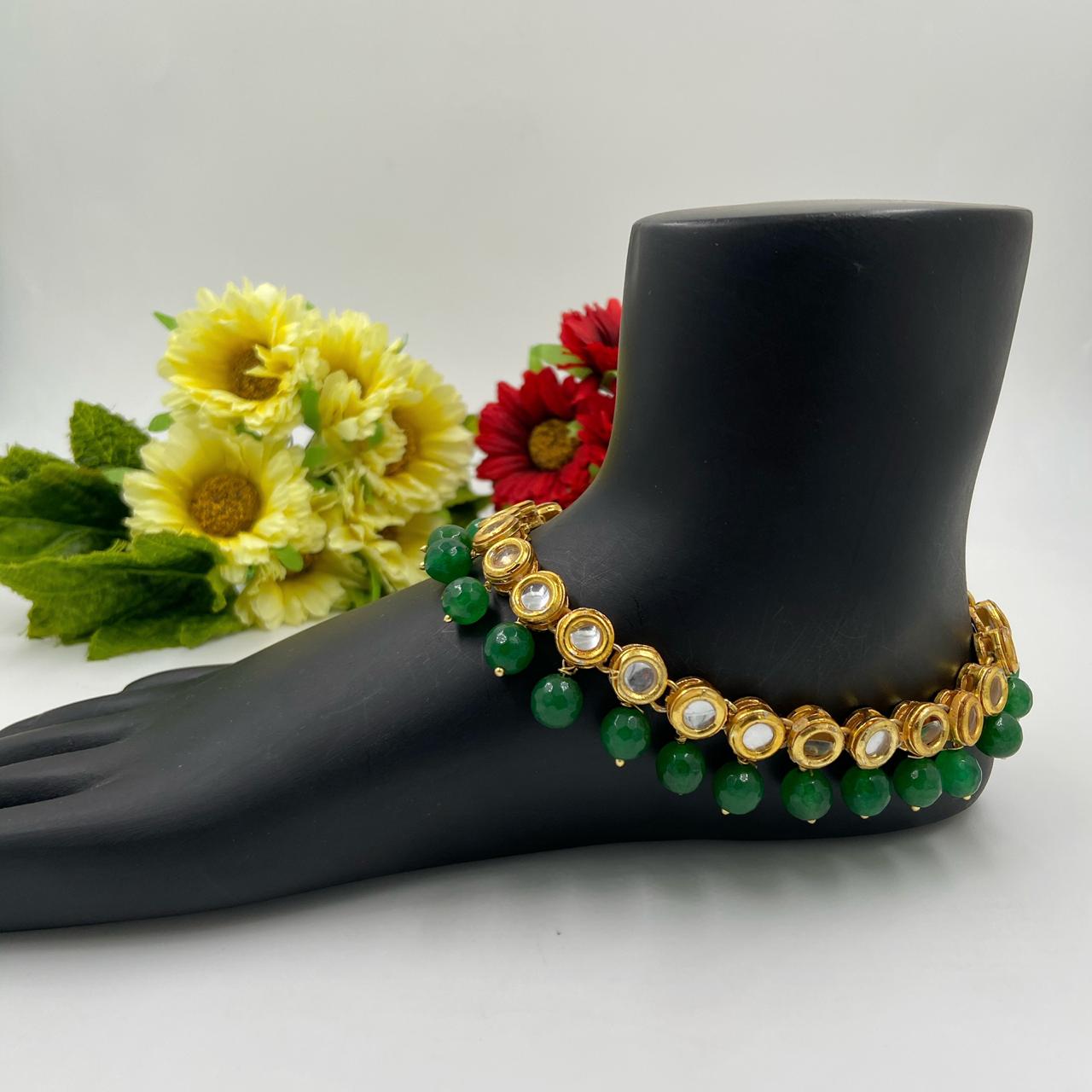 Traditional Gold Plated Handcrafted Brass Kundan Green Anklet Payals For Women payal