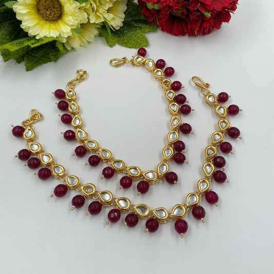 Traditional Gold Plated Handcrafted Brass Kundan Red Anklet Payals For Women payal