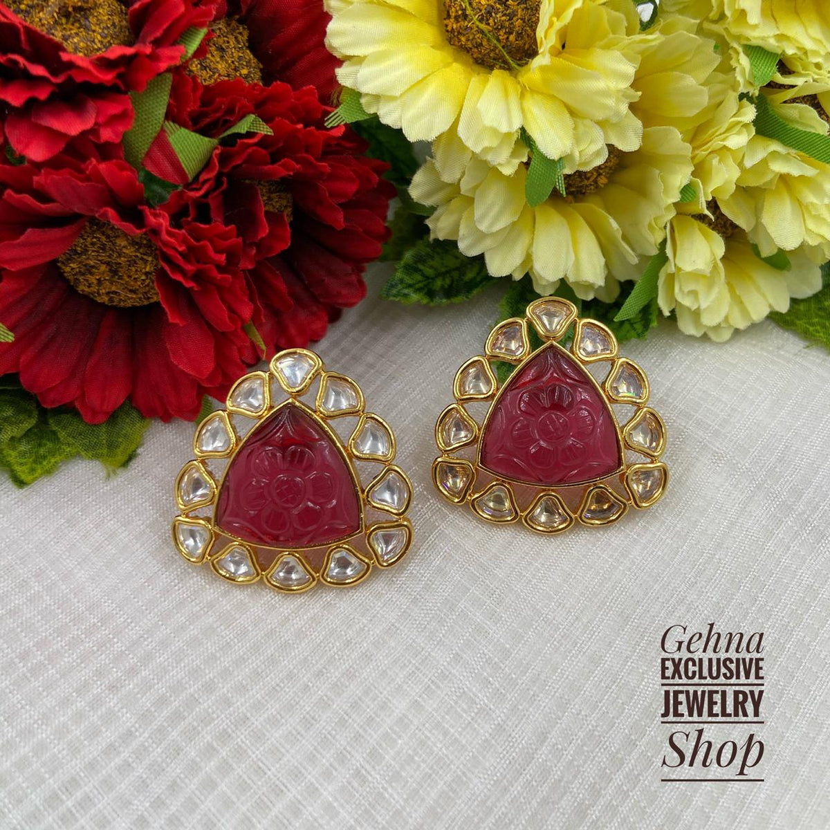 Traditional Gold Plated High Quality Ruby Color Kundan Studs Stud Earrings