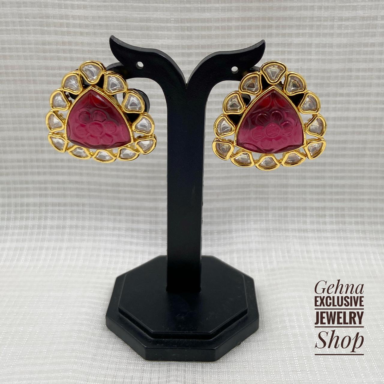 Traditional Gold Plated High Quality Ruby Color Kundan Studs Stud Earrings