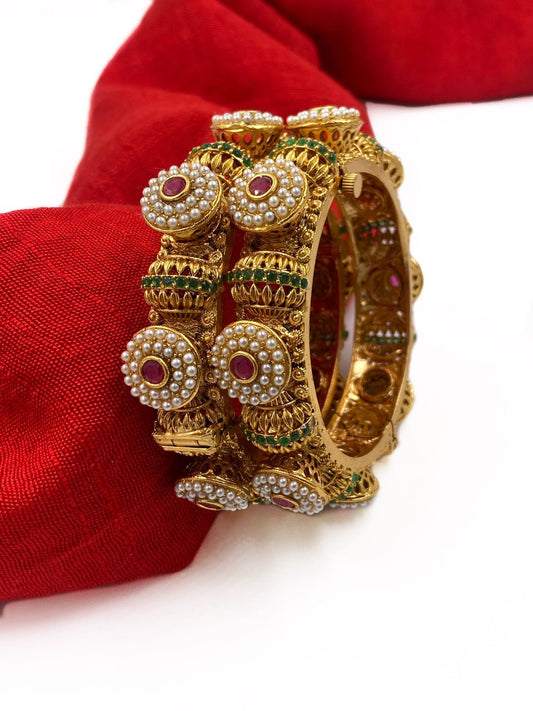 Traditional Gold Plated Jadau Pacheli Bangle Set For Women By Gehna Shop Antique Golden Bangles