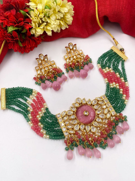 Traditional Gold Plated Kundan And Beads Choker Necklace Set For Wedding By Gehna Shop Choker Necklace Set