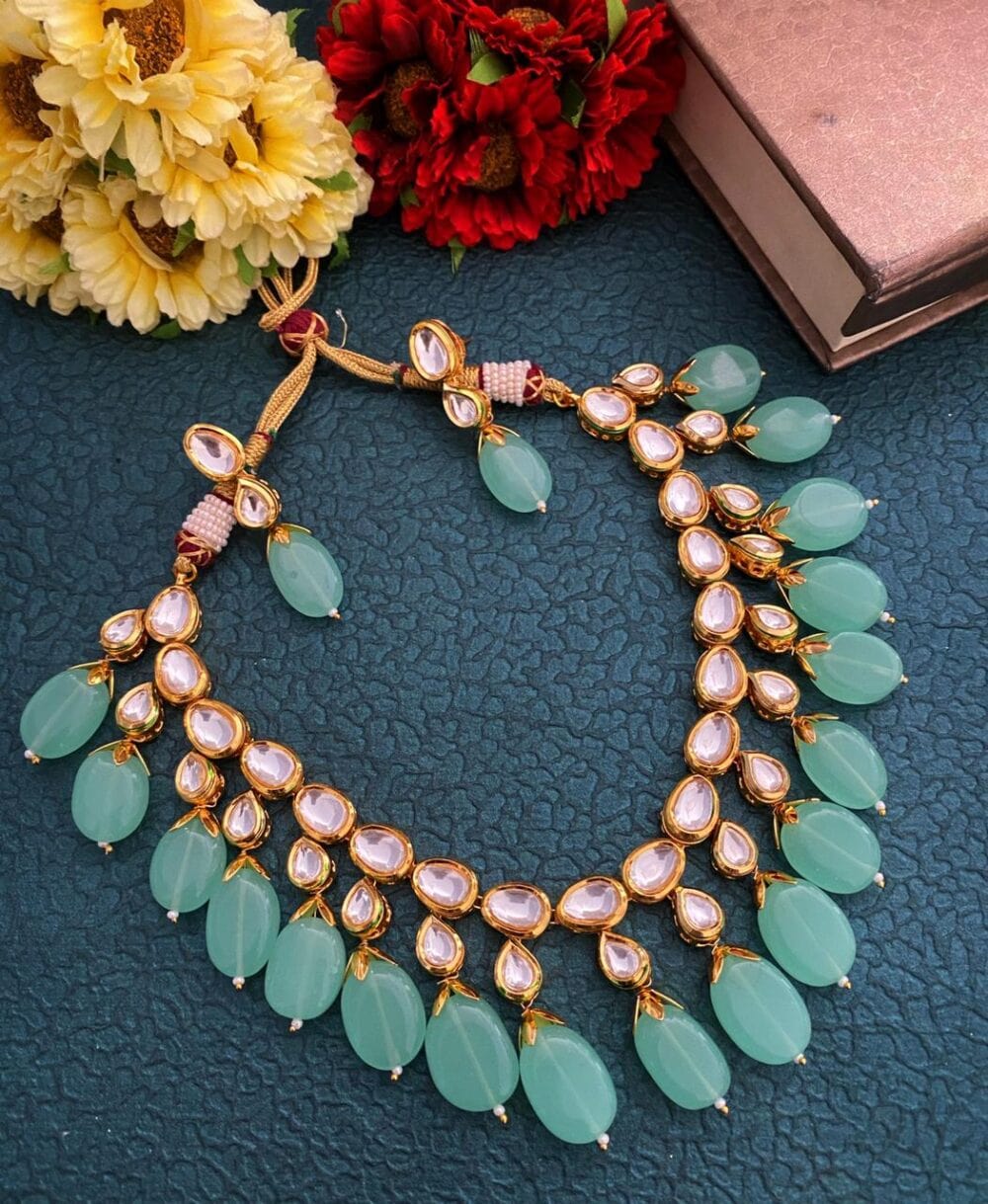 Traditional Gold Plated Kundan Necklace Set With Mint Green Stones By Gehna Shop Kundan Necklace Sets