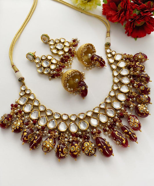 Traditional Gold Plated Kundan Necklace Set With Red Beads From Gehna Shop Bridal Necklace Sets