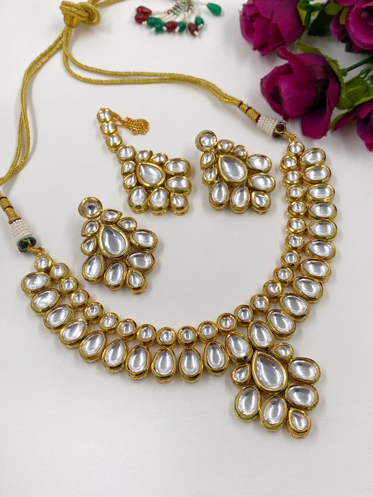 Traditional Gold Plated Kundan Necklace Set With Tikka Kundan Necklace Sets