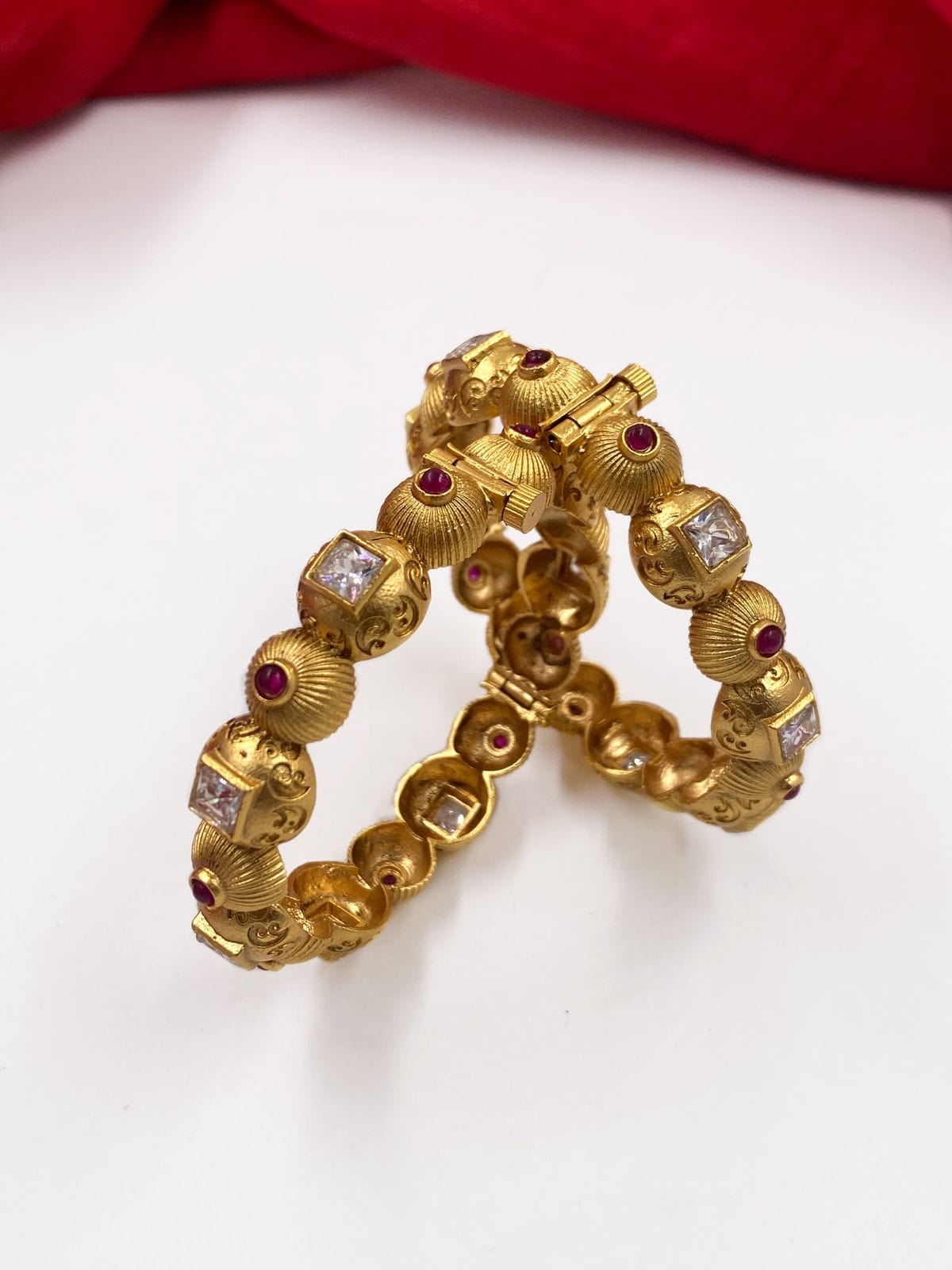 Traditional Gold Plated Kundan Ruby Bangles For Women By Gehna Shop Antique Golden Bangles