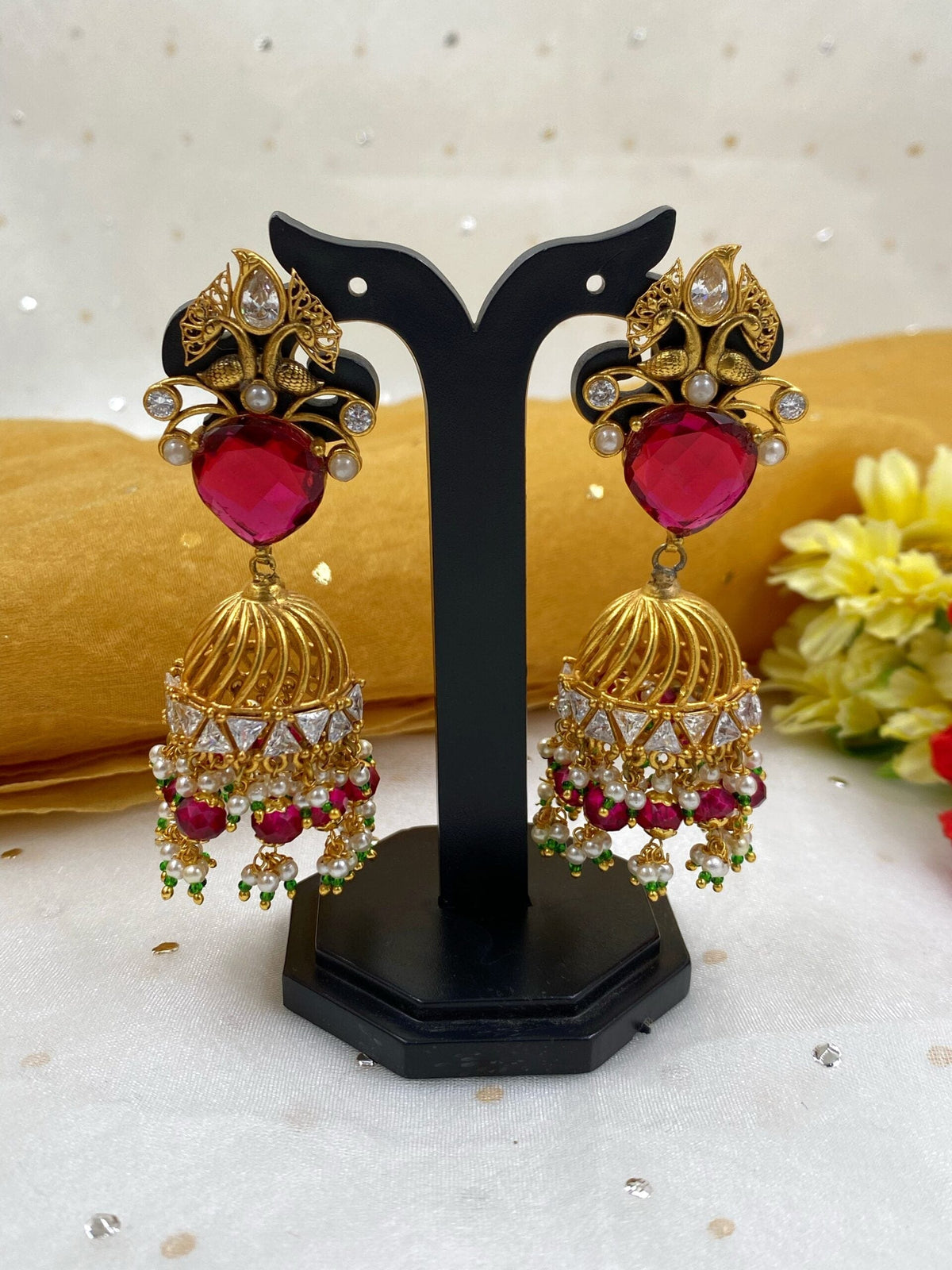 Traditional Gold Plated Light Weight Antique Red Stone Jhumka Earrings For Women Jhumka earrings