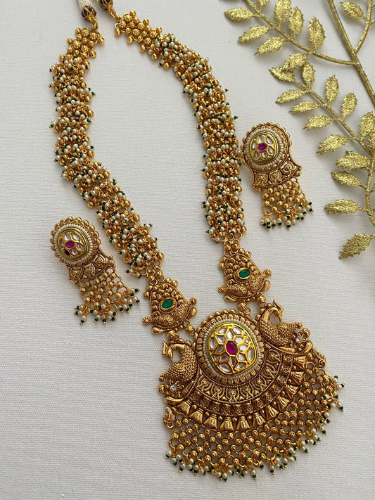 Traditional Gold Plated Long Antique Golden Wedding Necklace Set By Gehna Shop Bridal Necklace Sets