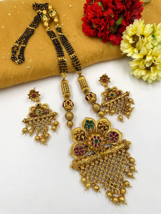 Traditional Gold Plated Long Golden Mangalsutra Necklace Set By Gehna Shop Mangalsutras