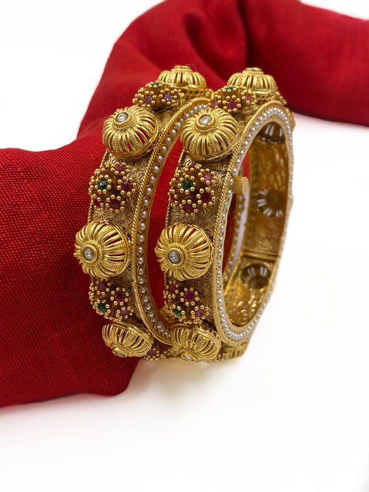 Traditional Gold Plated Pacheli Gokhru Bangle Set For Weddings By Gehna Shop Antique Golden Bangles