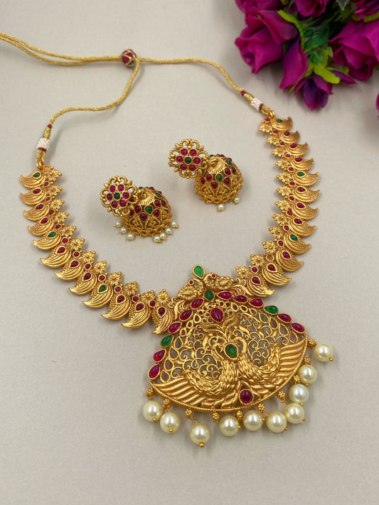 Traditional Gold Plated Peacock Design Necklace Set For Women Temple Necklace Sets
