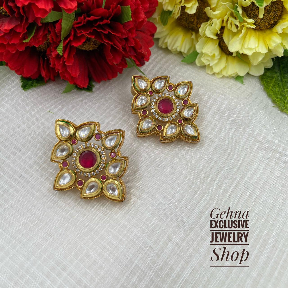 Traditional Gold Plated Ruby Color Kundan Studs For Women Kundan Earrings