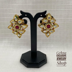 Traditional Gold Plated Ruby Color Kundan Studs For Women Kundan Earrings