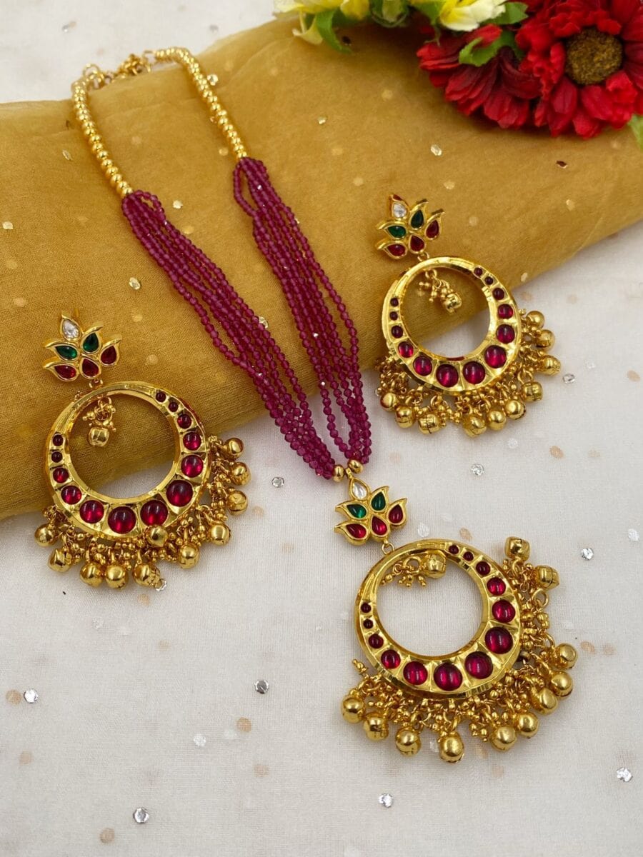 Traditional Gold Plated Ruby Kundan Pendant With Crystal Beads By Gehna Shop Antique Golden Necklace Sets