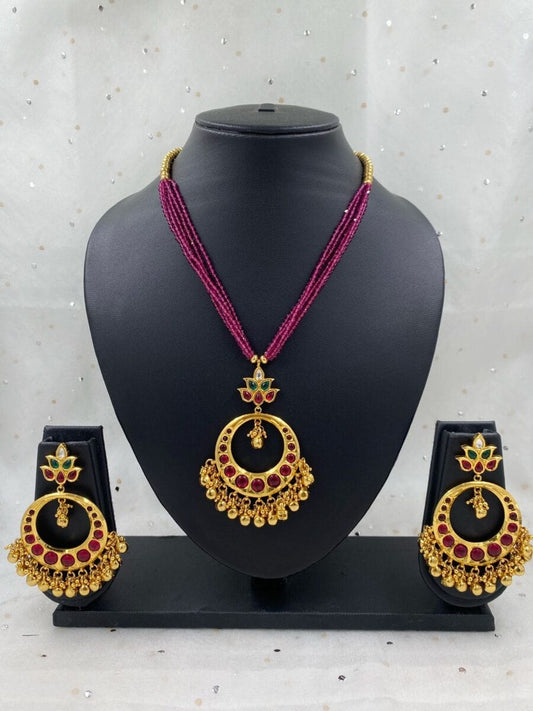 Traditional Gold Plated Ruby Kundan Pendant With Crystal Beads By Gehna Shop Antique Golden Necklace Sets