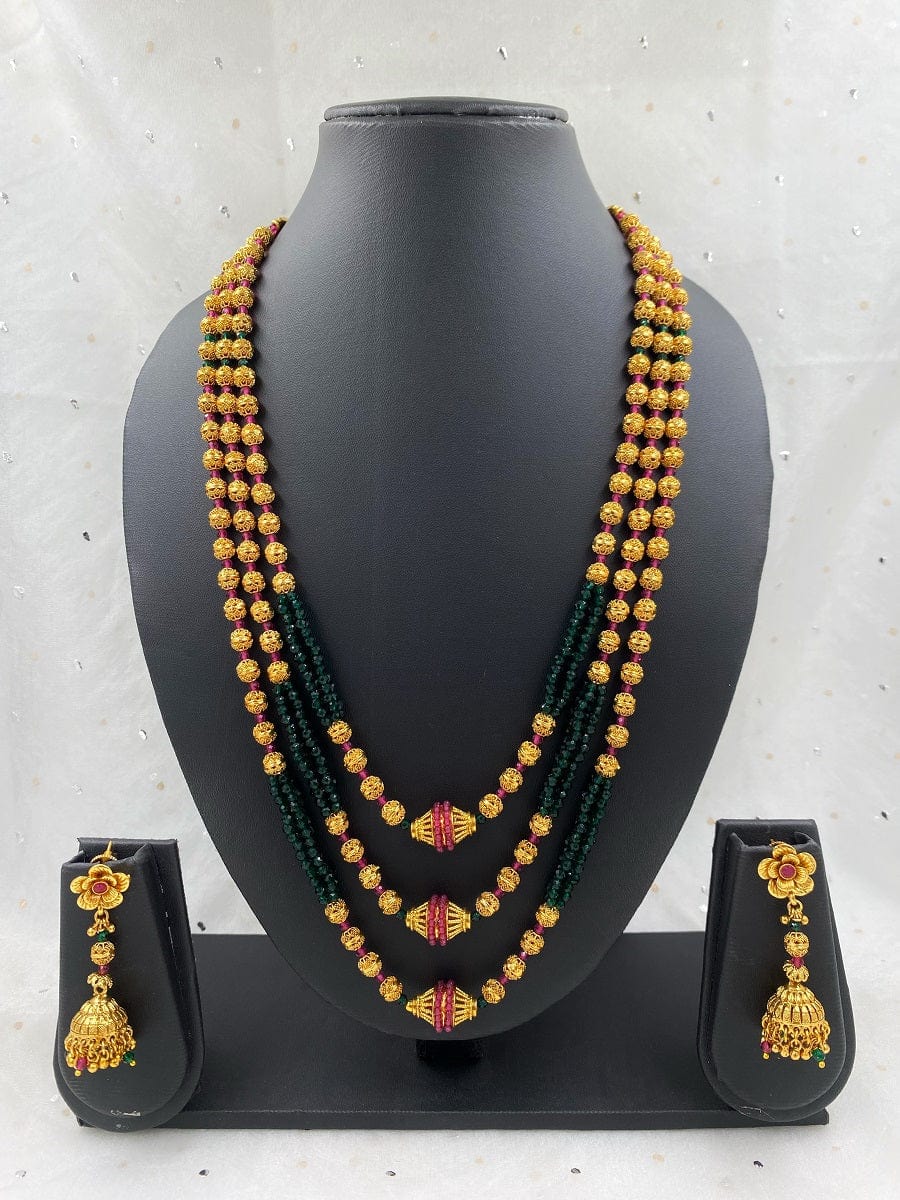 Traditional Gold Plated Triple Layered Golden Matar Mala Necklace For Women Beads Jewellery